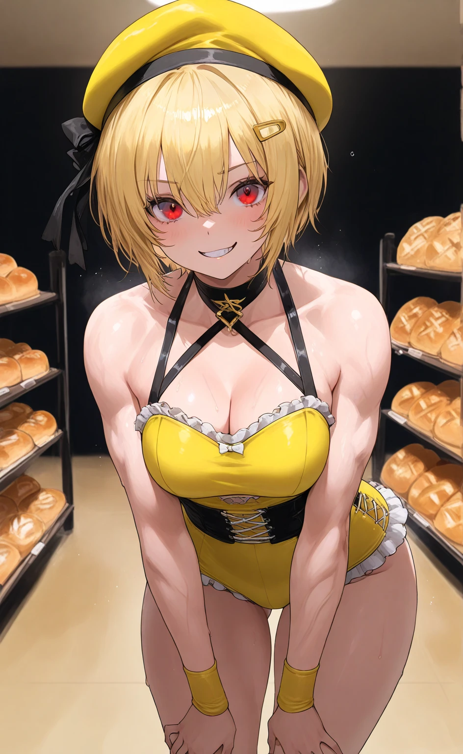 Purple garter belt,Yellow pubic hair,Ahegao,Big Breasts,Big Butt,Easy birth type,smile,Urinating,Black dildo,Sweat