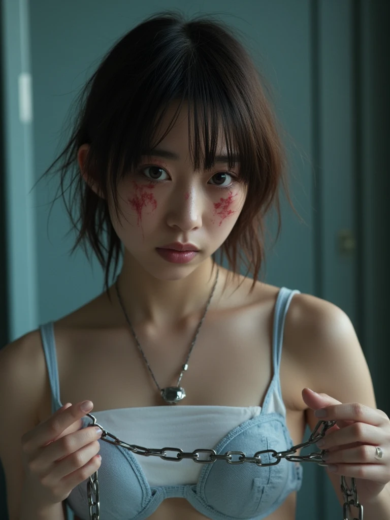 Woman on knees, oval face, crying, sad, distressed, sexy body, brown long hair, (looking at viewer), makeup, fit, erotic body, Cleavage, Cosplay, Tongue out, (best quality,4k,8k,highres,masterpiece:1.2), ultra-detailed, (realistic,photorealistic,photo-realistic:1.37), HDR, UHD, studio lighting, ultra-fine painting, sharp focus, physically-based rendering, extreme detail description, professional, Pastel colors, bokeh, portraits, landscape, horror, anime, sci-fi, photography, concept artists, warm, soft lighting