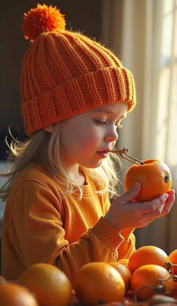 There's a blonde child girl in braids holding a bag of oranges and a bag of oranges, na frente de um fundo laranja, Editorial Oficial da Versace, modelo, teddy fresh, imagem retrato.