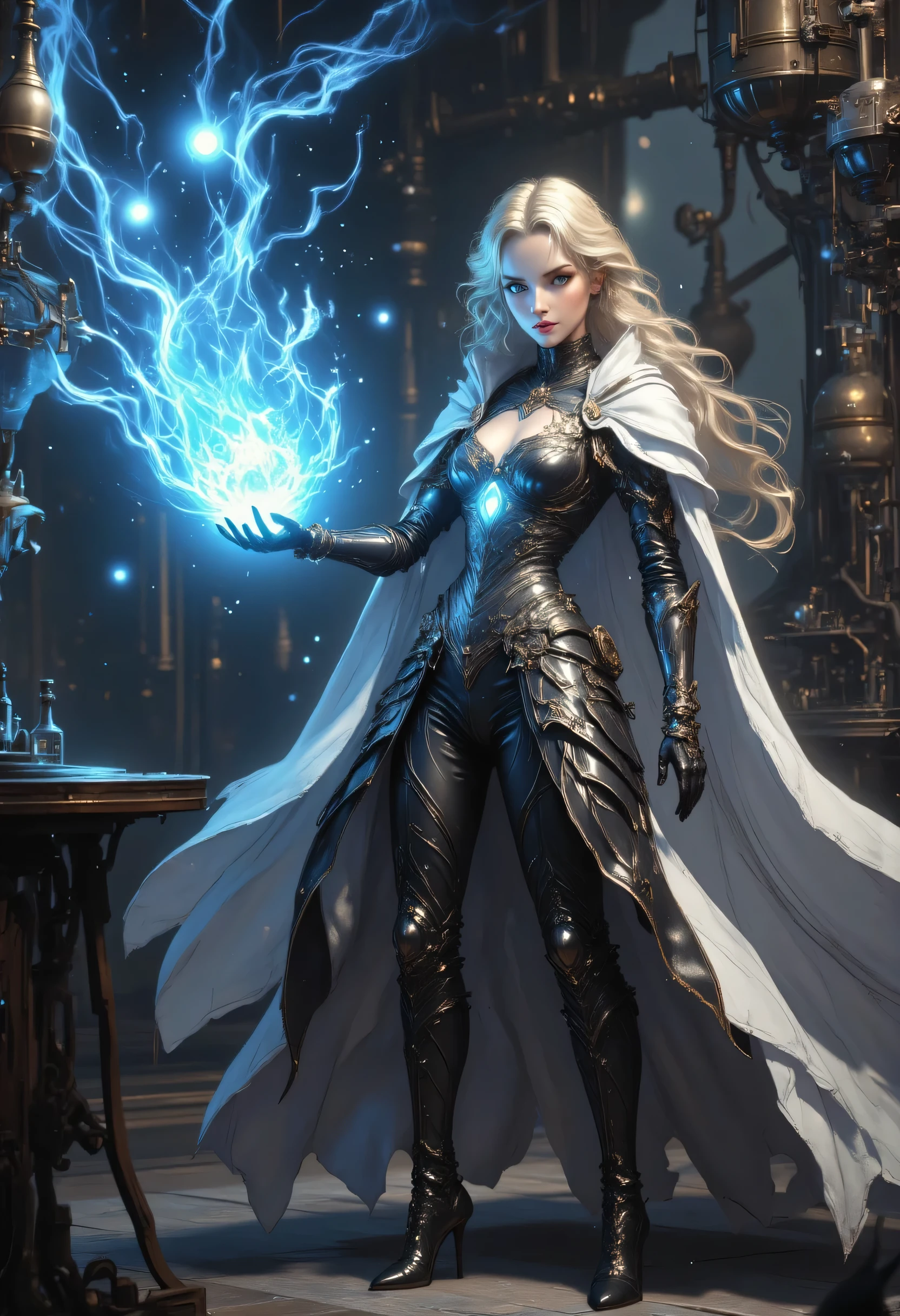 a vintage photo made in 1890's, black and white picture, the only color is blue, of a mecha woman wizard, standing proudly, manipulating magical blue fire, ((only the fire is blue)) extremely beautiful woman (best Detailed, Masterpiece, Hyperrealistic) blond hair, rich hair, wavy hair, dynamic eyes color, wearing black and white dress, wearing (white cloak), wearing (pantyhose), wearing high heeled boots, laces boots, make up, steampunk laboratory background fantasy art, steampunk art, RPG art, photograph, RAW,  Best Detailed,, ultra best realistic, best details, best quality, 16k, [ultra detailed], masterpiece, best quality, (extremely detailed), ultra wide shot, photorealism, depth of field, hyper realistic painting, GLOWING STYLE, blue fire, mechanical parts  Celestial Fantasy, zavy-ctcmcs,  hyp3rd3tail style, Celestial Fantasy, zavy-dtlnm, glow outlineת