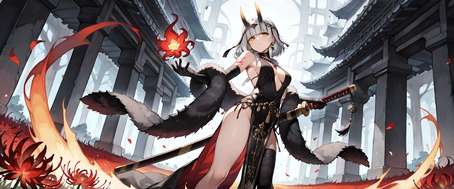 (8k, best quality, masterpiece:1.2),\(Eye details\),\(Facial features details\),(\(Clothes details details\)\),(1 girl:1.3),solo,full body,36 years old,(Gray Hair:1.2),gold pupil,gold eyes,(Left bangs:1.25),Cover your bangs,Single braid,huge ,large breasts,(Dark wizard robes:1.3),(upperboob:1.2).(Holding a staff),[Magical and complex gaming equipment｜Set with rubies]Magic Staff,发光的Magic Staff.Ruins Background,(Ruined marble wall)+(ivy covered wall:1.3),Crows circling in the sky，The air is stagnant，Big cloudy day，[Brownish red fur｜Slim body type]Giant Demon Wolf,(The wolf climbs the wall)