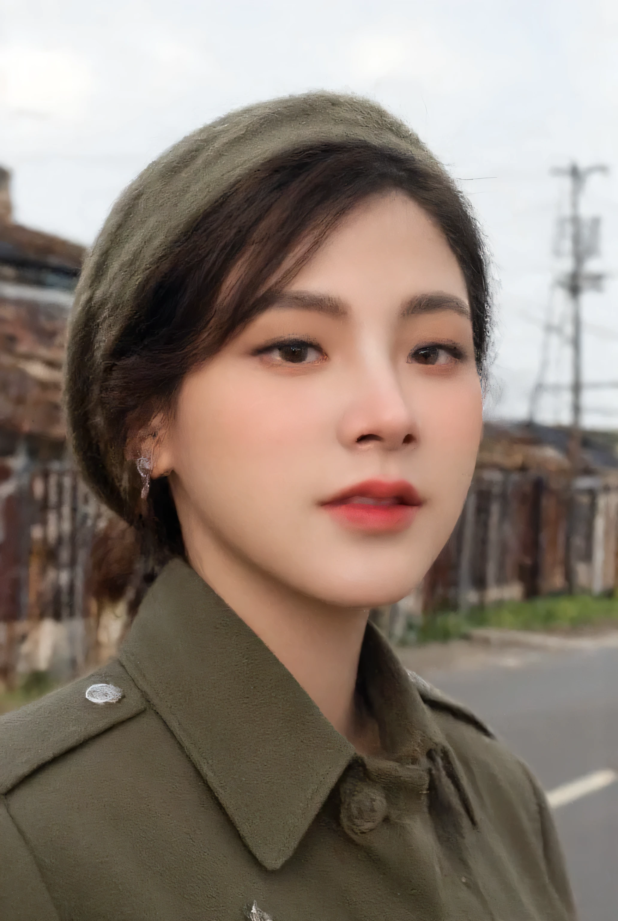 Ultra-realistic close-up portrait of Baifern Pimchanok Luevisadpaibul as a West German female soldier standing near a Cold War border village: focus on her delicate, heart-shaped face with porcelain-smooth skin, large expressive dark brown eyes, and natural rosy lips; hair neatly pinned back under an olive-green Bundeswehr side cap with silver insignia; wearing a crisp feldgrau uniform jacket with collar patches and epaulettes; ambient overcast morning light casting soft shadows on half-timbered cottages, barbed wire fences, and a distant watchtower blurred in the background; shallow depth of field to emphasize her calm, resolute expression and the fine details of her uniform.