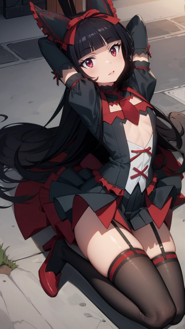 Rory Mercury, Rory Mercury, black hair, blunt bangs, hime cut, hair ornament, red lipstick, hairlong, cute face, makeup, (small chest:1.2), (red eyes:1.5), BREAK Gothic underwear, the perfect body (little chest:1.3), BREAK in full growth, red shoes, BREAK Black Stockings, Black Gloves BREAK, black thighs, garter straps, gloves, gotik, Hair Bow, gothic fashion, puffy short sleeves, puffy sleeves, short sleeves, thights, thights, bloods, RUPTURE of the starry night sky, night city, BREAK looks at the viewer, BREAK (Masterpiece:1.2), Best Quality, High Resolution, Unity 8k壁纸, (illustartion:0.8), (beautiful detail eyes:1.6), extremely detailed face, perfect lighting, extremely detailed CGI, (perfect arms, perfect anatomy),