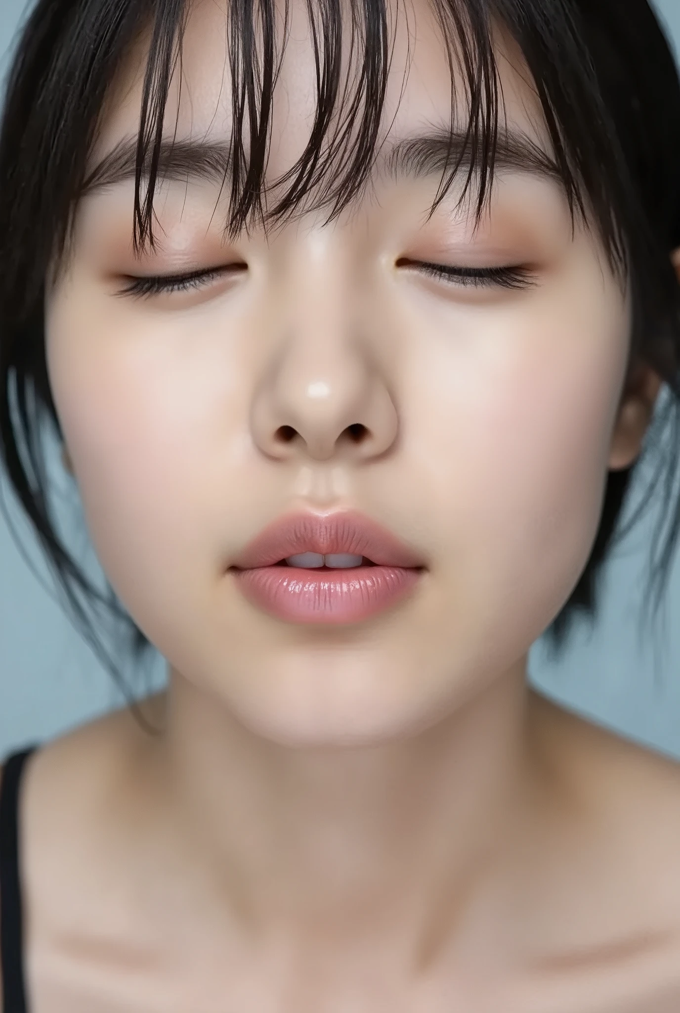 beautiful young woman, eyes closed, euphoric smile, extremely puckered lips, lips pushed far forward, tight kissy mouth, lips forming a sharp O-shape, exaggerated kiss face, heart-shaped lips, ultra glossy pink lips, flushed cheeks, ears blushing, black camisole, collarbone visible, close-up, upper-front angle, full head in frame, soft studio lighting, lips extremely pursed, lips protruding, high gloss on lips, moist lips, lip focus, plump lips, smooth skin with soft texture, faint peach fuzz, skin pores subtly visible, intense affectionate mood, face slightly tilted back

