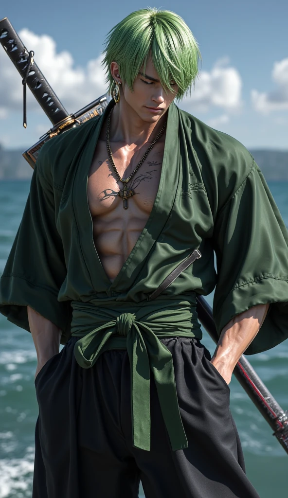 (obra-prima, melhor qualidade: 1.2), Tiroteio de Cowboy, sozinho, Foco masculino, 1st grade, Roronoa Zoro, cicatriz, homem musculoso, sorrir, olhando para o espectador, (empunhadura dupla: 1.2) Katanas, folded arms, roupas japonesas, quimono verde (((master part+best quality+high resolution+ultra-detalhado))), Zoro\(one piece\), nariz alto, olhos afiados, olhos perfeitos, noble and inviolable temperament, (([masculino]: 1.2 + [majo]: 1.2 + cabelo verde: 1.2)), fundo de navio pirata, (one piece), Roronoa Zoro, cabelo verde cortado, Tiroteio de Cowboy, cicatriz no olho, musculoso masculino, (empunhadura dupla:1.2), Katanas, folded arms, roupas japonesas, quimono verde, Dynamic angle and posture.
Nome: Roronoa Zoro Idade: 21 anos Altura: 1,Peso 81m: 78kg Origem: azul leste, Physical description: Zoro is a skilled swordsman with a distinctive appearance. He has messy green hair and three scars on his left eye, resultado de seu treinamento rigoroso. His athleticism and defined muscles reflect his strength and physical prowess. He is usually seen wearing an open shirt and green pants, in addition to carrying his three swords on his back. Personalidade: Zoro is known for his serious and determined nature. He is highly loyal to his friends and is willing to risk his life to protect them. Sua busca incessante para se tornar o espadachim mais forte do mundo muitas vezes o leva a treinos intensos e a desafiar poderosos oponentes. Despite its intimidating appearance, Zoro has a dry sense of humor and often engages in funny moments with his teammates.
