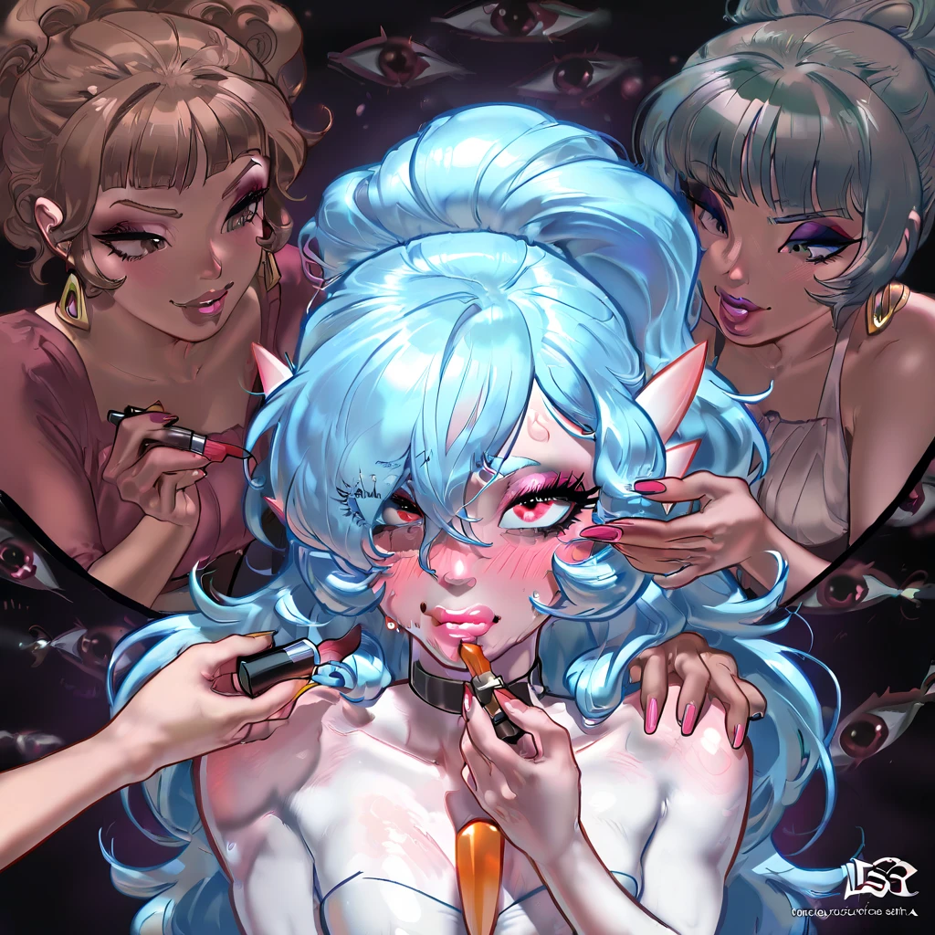 ((masterpiece, flat shading, flat colors)), Cinematic shot of lesbian sex orgy where 4 females penetrated by tentacles, ((tentacles on necks )), tentacles penetration, hands in panties, perfect bodies, (4 females penetrated by tentacles), sexy