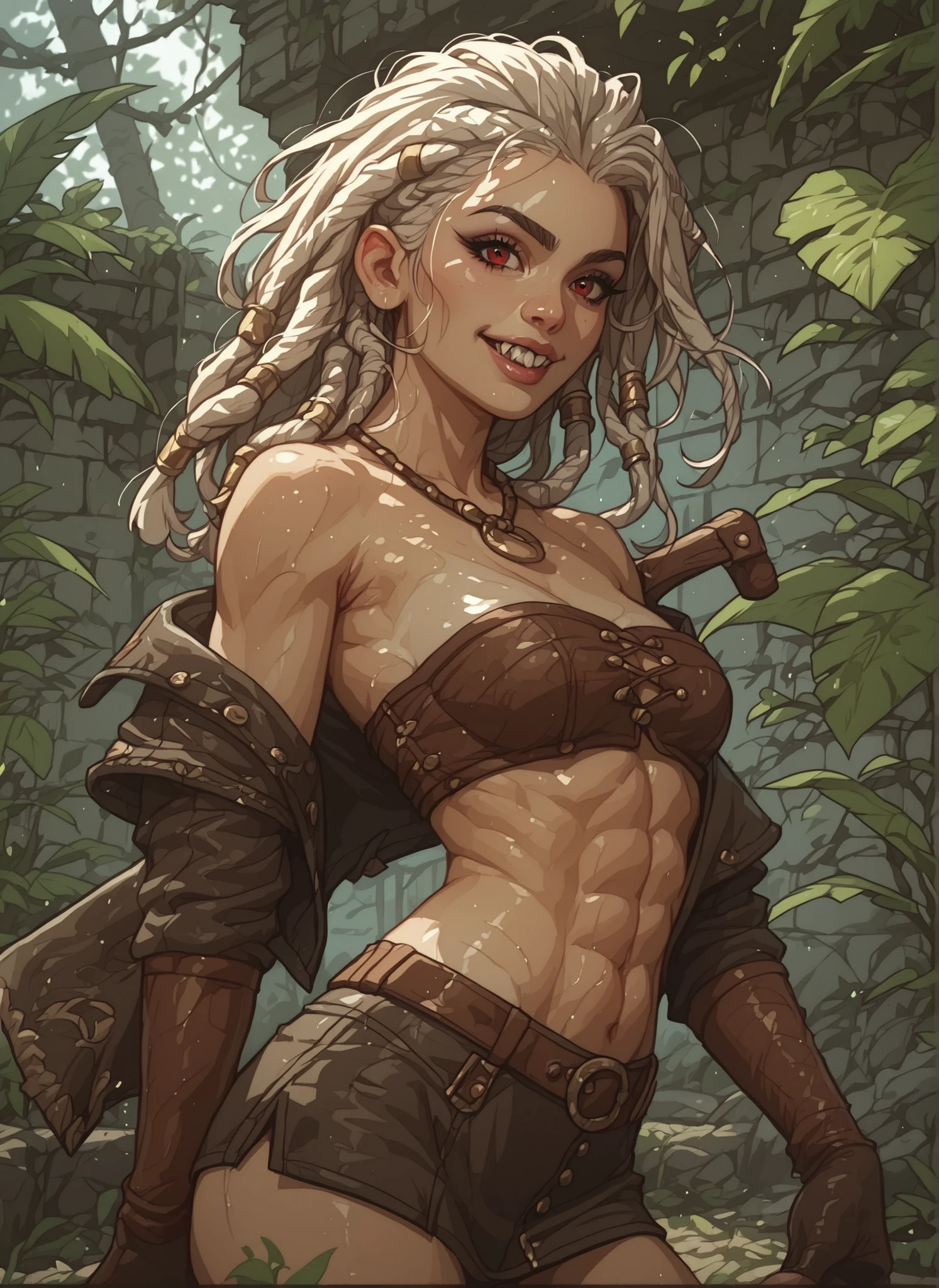 Slender body. White skin. Cute 18-year-old Asian girl with Asian red eyes and sharp teeth and dreadlocks with white highlights. She has a cute and beautiful face. She has a round and young face with a pointy chin. Her body is athletic with abs. She wears medieval an intricate medieval latex clothing with buttons. Background: medieval jungle ruins. Realistic lighting. DnD art-style. Looking at the viewer. She's got a massive butcher's blade on her back.