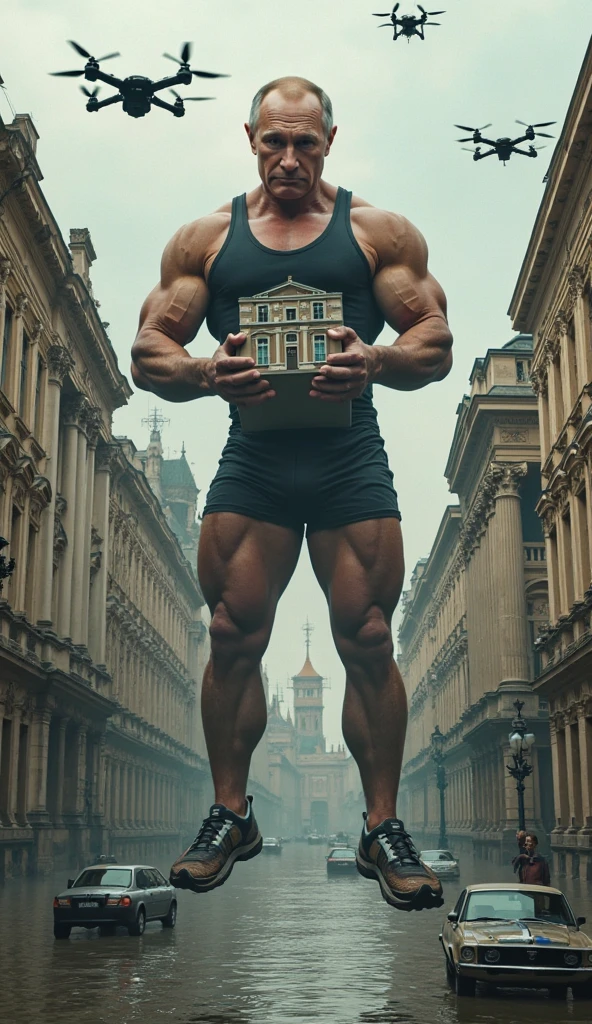 (masterpiece), ((cute korean guy:1.4)), a giant asian guy, handsome korean guy, wearing tight brief, wearing brief, (wearing sneakers:1.2), very big muscles, massive muscles, (small buildings:1.2), ((stomping, from below)), perfect hands, muscles, abs, hd, 8k, looking at the viewer, perspective