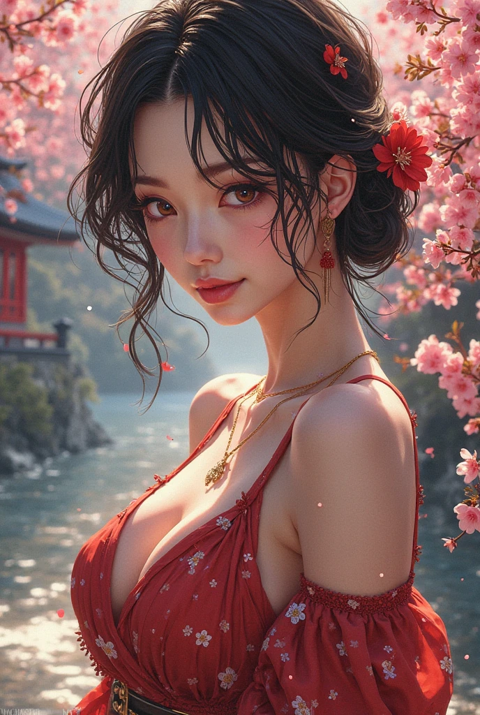 Beautiful Chinese image with long black hair and bangs, a toned body, wearing a low-cut, short red dress, she wears beautiful earrings with a gold chain with a star in a beautiful garden.