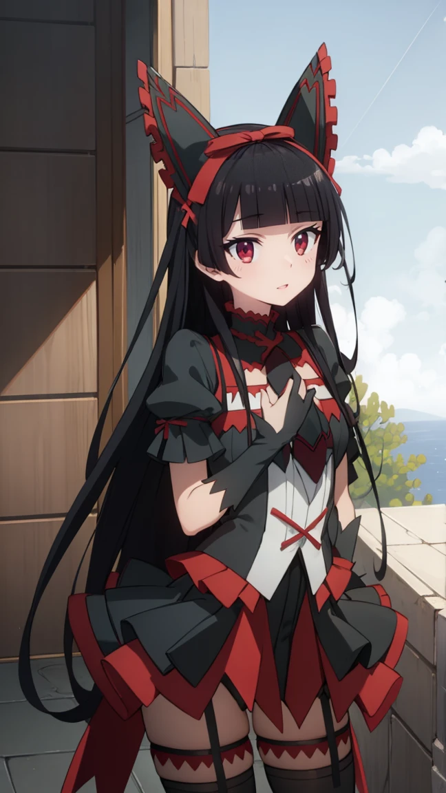 rory,  1girl, solo, long_hair, breasts, looking_at_viewer, smile, bangs, skirt, black_hair, red_eyes, thighhighs, dress, bow, ribbon, very_long_hair, closed_mouth, standing, hair_ribbon, short_sleeves, hair_bow, cowboy_shot, hairband, small_breasts, outdoors, frills, detached_sleeves, necktie, sky, day, puffy_sleeves, black_thighhighs, cloud, blunt_bangs, black_dress, red_bow, red_ribbon, blue_sky, puffy_short_sleeves, zettai_ryouiki, garter_straps, frilled_dress, red_necktie, mountain, hime_cut, mountainous_horizon, halberd