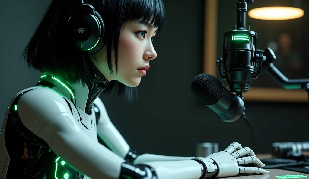 Une femme moitié robot qui ecoute de la music
