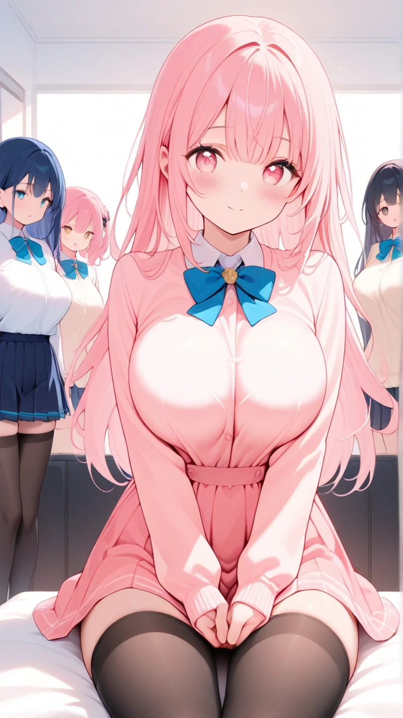 masterpiece, Highest quality, High resolution, Big Breasts、JK,There were a lot of girls in a very small room. ,6 Girls、Pink pleated skirt、Heart symbol and sound effect、The viewer is looked down upon by a tall woman.、Low Perspective、Sex、A chest full of sperm、Insert the tip of the penis into the vagina、Penis between 、Straddling the viewer、Bukkake、Pant voice、Huge 、white and bright skin、Bright beautiful skin、Blunt bangs、The girl trembles with joy、30-year-old woman、They are all very tall、Surrounded by tall girls、Thighs、Being despised by many girls、A composition that expresses many things breastean smirk、Bully、A composition that expresses many things 、Harem、Many girls are lined up、Open your mouth small and smile、Double teeth、Pointed teeth are visible
