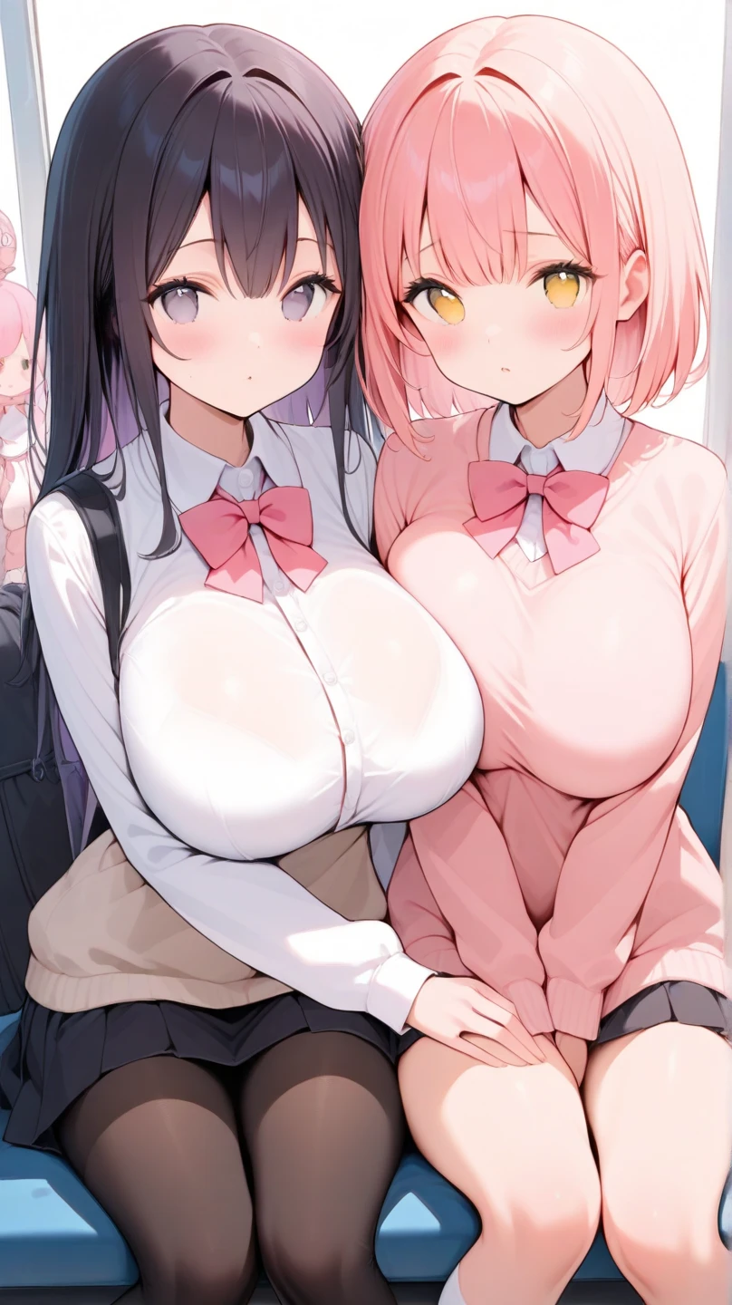 2girls, alternate breast size, black hair, day, bow, breast press, long hair, looking at viewer, , multiple girls, pink eyes, pink hair, plaid, plaid skirt, skirt, symmetrical docking, (((yuri,outdoors,潰れた大きい胸))),NSFW