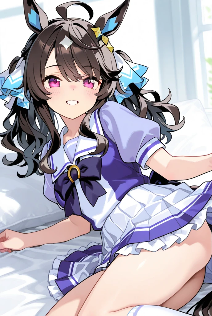Beautiful girl with brown hair, purple eyes, wearing a mini maid outfit with black stockings lying on bed with open legs showing half-lowered underwear, small breasts, high quality 2k ray tracing
