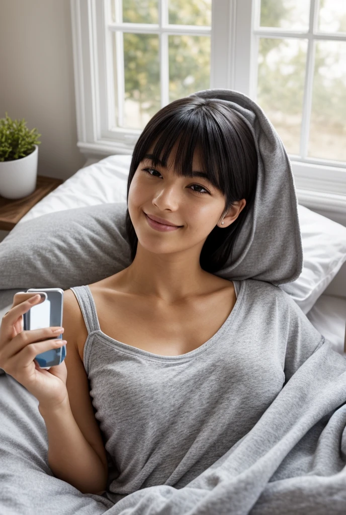 looking at the phone, woman, ((looking at the phone in the hand:1.5)), laying at the bed, looking at the phone, smirk, laying under the blanket