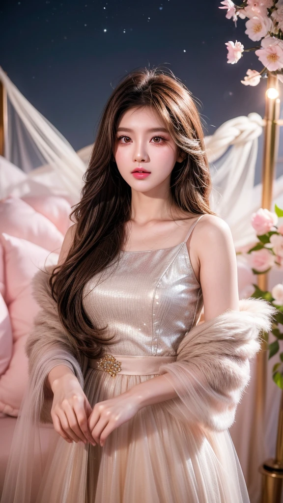 a beautiful girl in a red fluffy off-the-shoulder dress, long flowing hair, snowflake earrings, falling snow, blurred city street background, (best quality, 8k, masterpiece, extremely detailed, 1.5:beautiful girl), (realistic, photorealistic:1.37), detailed eyes, nose, lips, long eyelashes, vibrant colors, cinematic lighting