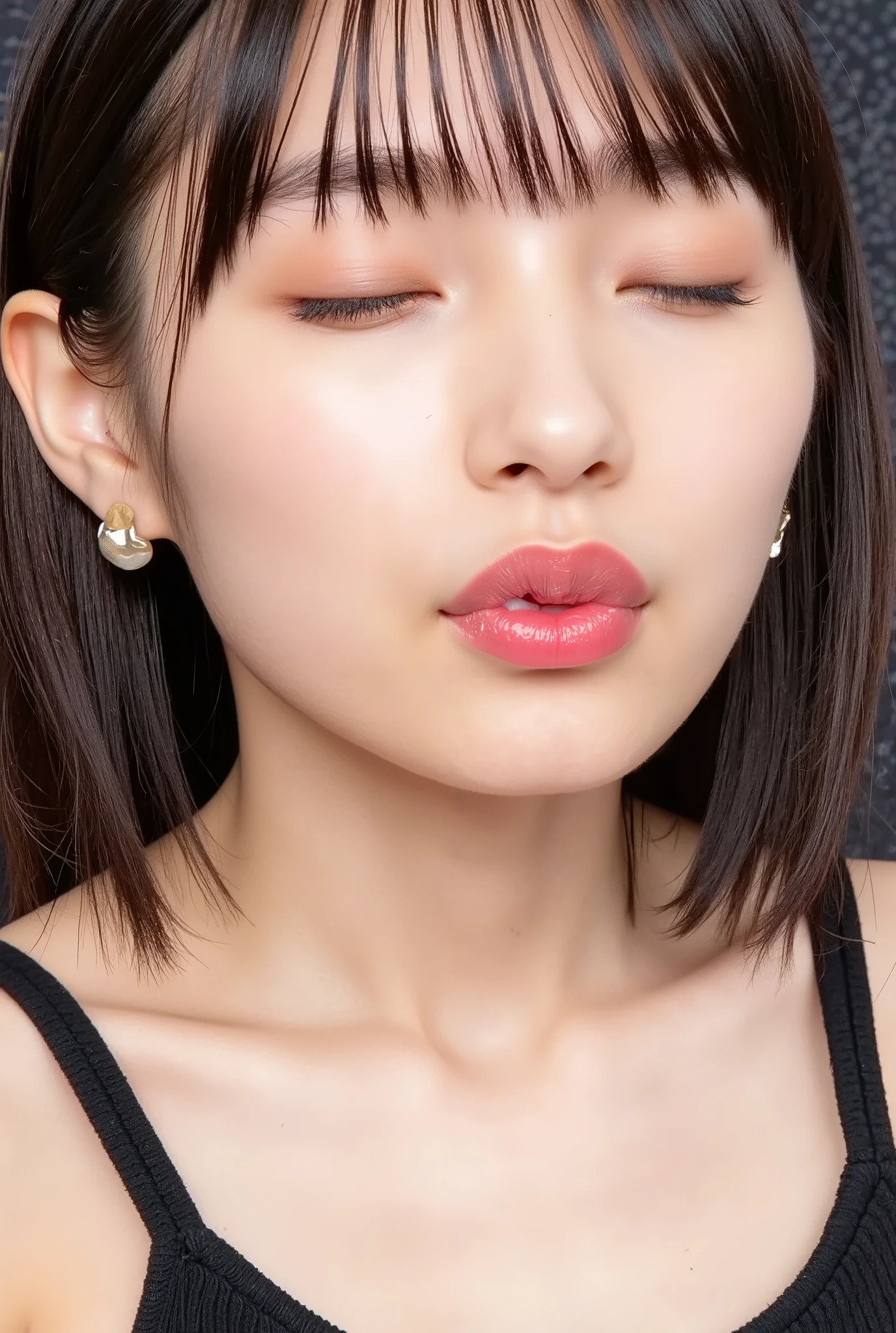 beautiful young woman, eyes closed, euphoric smile, extremely puckered lips, lips pushed far forward, tight kissy mouth, lips forming a sharp O-shape, exaggerated kiss face, heart-shaped lips, ultra glossy pink lips, flushed cheeks, ears blushing, black camisole, collarbone visible, close-up, upper-front angle, full head in frame, soft studio lighting, lips extremely pursed, lips protruding, high gloss on lips, moist lips, lip focus, plump lips, smooth skin with soft texture, faint peach fuzz, skin pores subtly visible, intense affectionate mood, face slightly tilted back