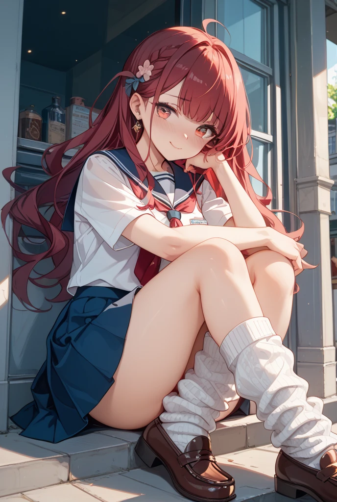 One girl、Red Hair、White eyes、Bloomers at school、Woman wearing white maja at home