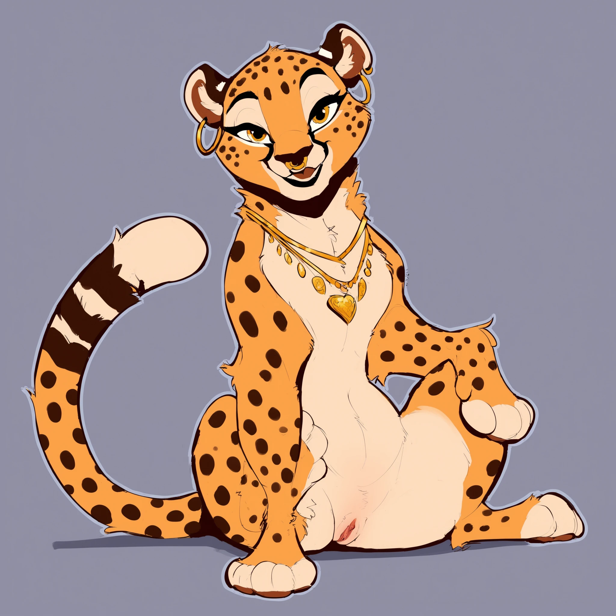fluff-kevlar, by fluff-kevlar , anthro, ((cheetah)), female, solo, 1woman, ((small breast)), ((nude)), ((long hair)), ((blonde hair)), bedroom, sitting on bed, legs spread, showing genitalia, on e621, choker spiked collar, detailed body, finely detailed eyes, finely detailed paws, punk style, female focus, ((nipple bump)), (hair detailed correctly), Mihari, pregnant