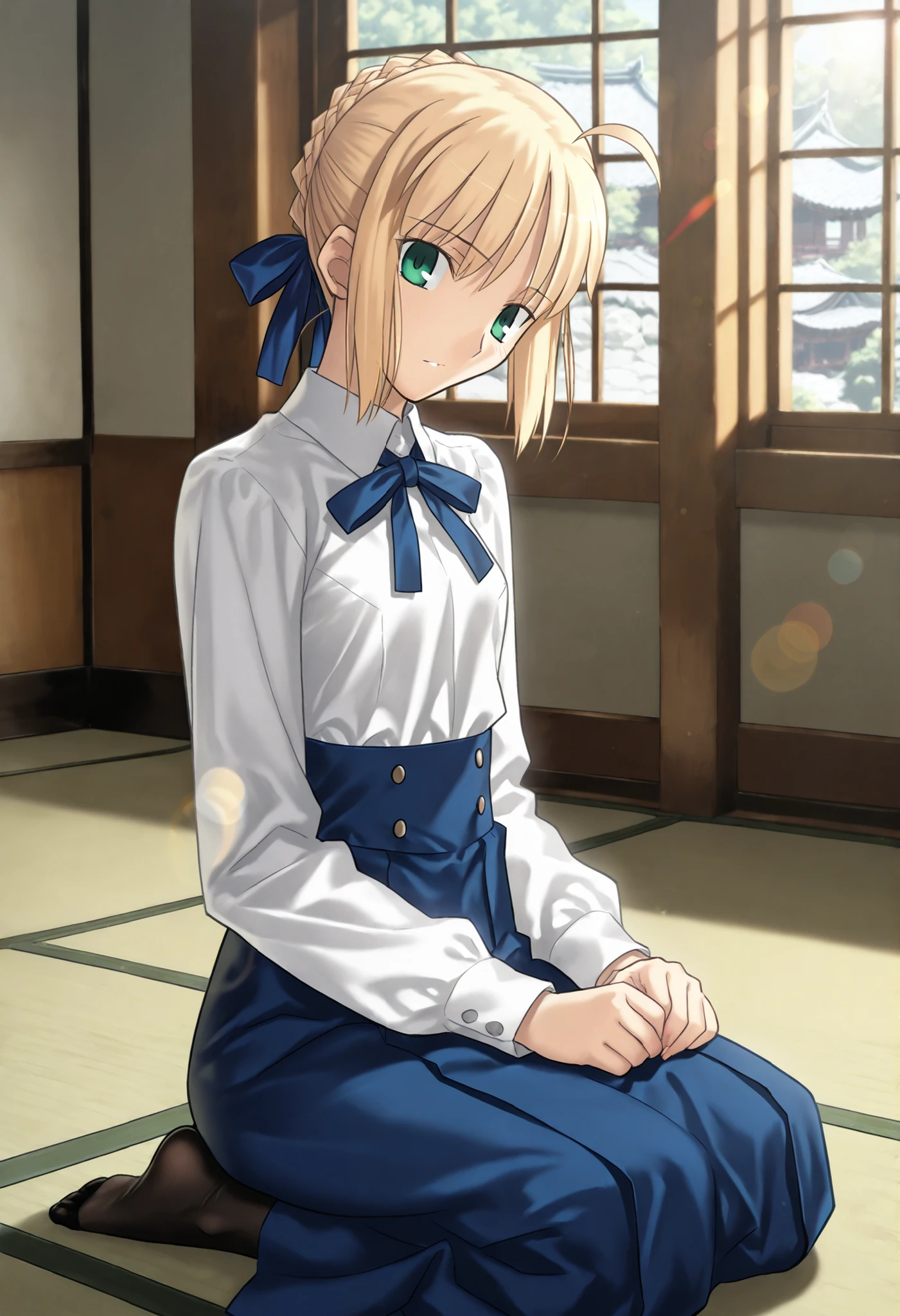 masterpiece, , absurdres, highres, detailed background, high resolution, masterpiece, necessary, detail, best quality, quality, necessary, details, High details, Precise, dark, indoors, (Japanese style architecture,),day lens flare, blurry background, from side,(head tilt),
1girl, Takeuchi Takashi (type-moon,tsukihime) style, takeuchi takashi style, (aged up),(look stupefied), sitting, seiza, on floor,
girl, (mature, slender body, slim arms, slim bod),artoria pendragon (fate), saber (fate), blonde hair, green eyes, ahoge, hair ribbon, blue ribbon, french braid, braided bun, single hair bun, short hair, sidelocks, neck ribbon, blue ribbon, white shirt, collared shirt, long sleeves, blue skirt, high-waist skirt, long skirt, black pantyhose, small breasts,