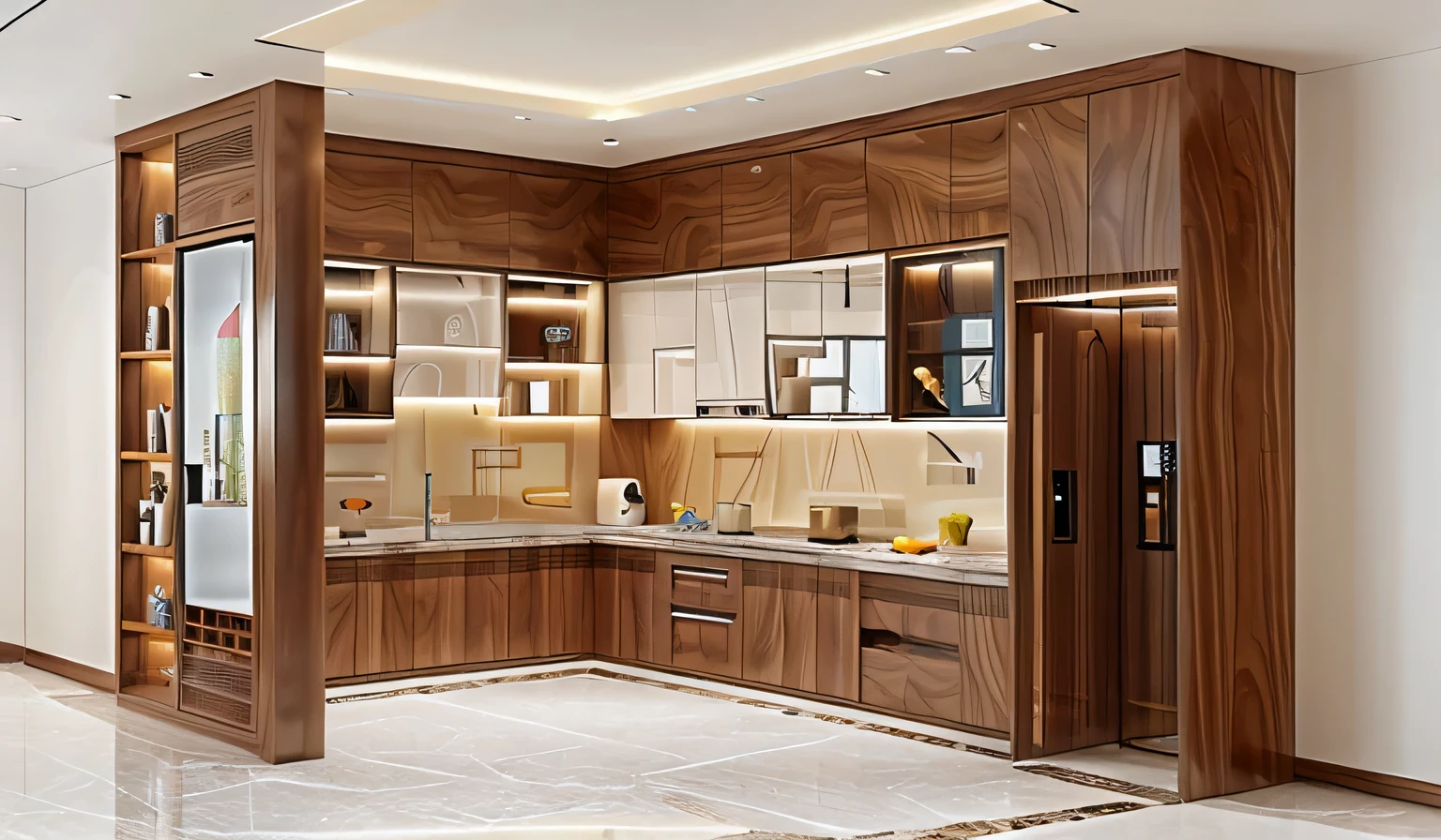 Minimalist kitchen interior, walnut and raw white wood panels, exposed wood, plastered walls, tiled floors, refrigerator, cozy lighting