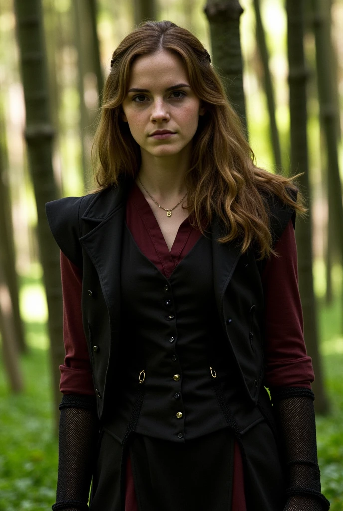 Emma Watson as Hermione Granger, Long Hair, Big Breasts, in Slit clothes walking in forest happy holding magic stick