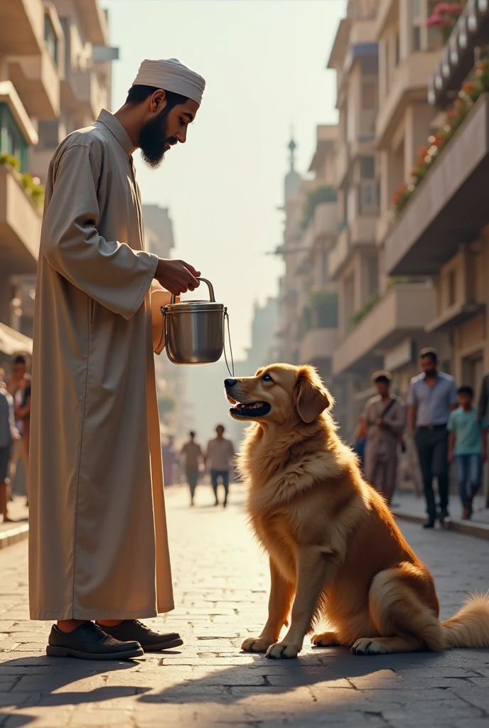 Begger feeding milk to dog 