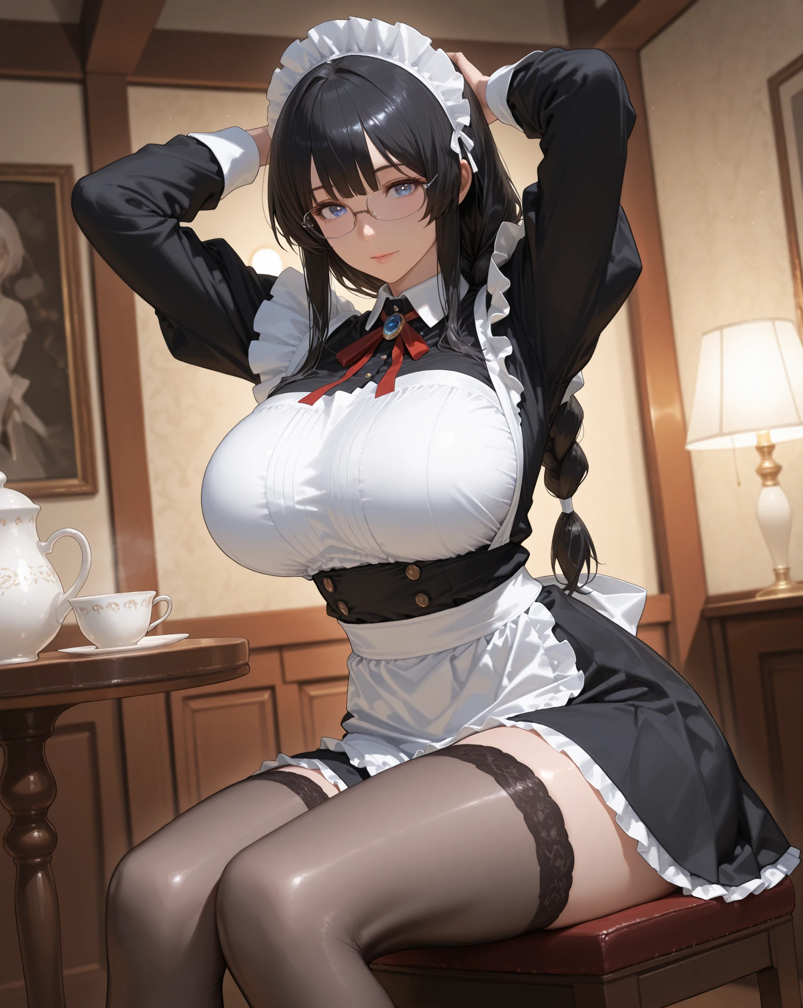 Highest quality、One woman、Full-body portrait of a beautiful woman in an apron、Random sexy poses、knit、black hair half-up、The skeleton is straight、Natural Lip、Beautiful breasts