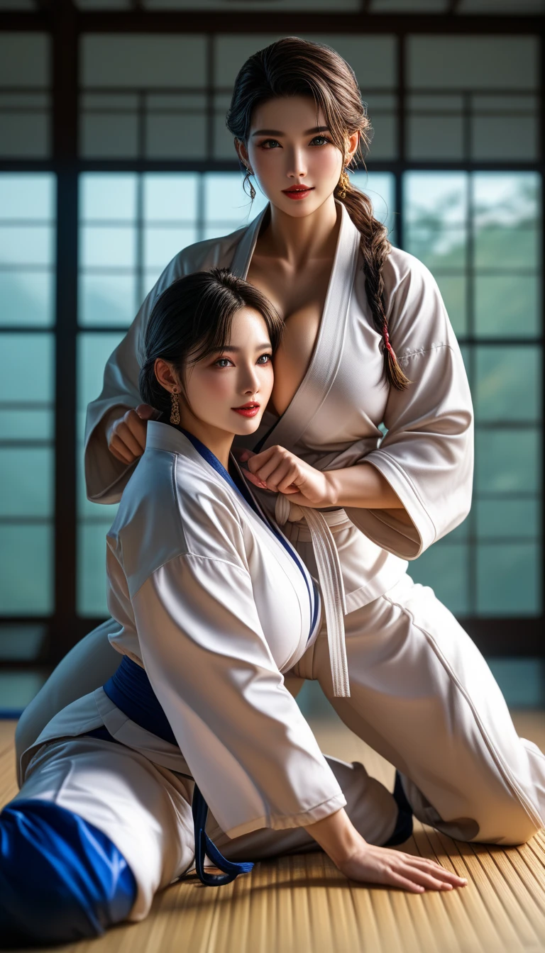 ((Match ring in the gym, two beautiful girls competing in a judo ring on a tatami mat:1.2)), hole body, (((Judo stance:1.2))), slim body line, Small and slim figure, (small breasts, Decollete), ((Wearing a formal judo uniform:1.3, black belt)), ((detailed eyes and face:1.2, Professional photography techniques)), (highest quality, 8K, masterpiece:1.2, RAW photos), (realisti:1.3), (detailed hands)