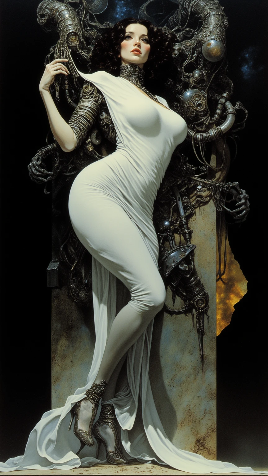 ten swords are plunged into the body of a woman (art inspired in Bill Sienkiewicz). oil painting)
