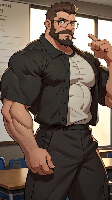 4k, masterpiece, high resolution:1.2, man, solo, bara, muscular, bid physique, crew cut hair, facial hair, chest, wide shoulder, big biceps, big thighs, big triceps, big butt, black hair, sexy smile, friendly, standing in an office, wearing formal trousers with a bulge sticking out, wearing formal stripes pattern office shirt, wearing glasses, upstairs office in the background, ultra detailed, shredded muscle, flat style, naked, bend over (((wearing herness))) (((view from the back, huge thick ass, sitting on the table)))