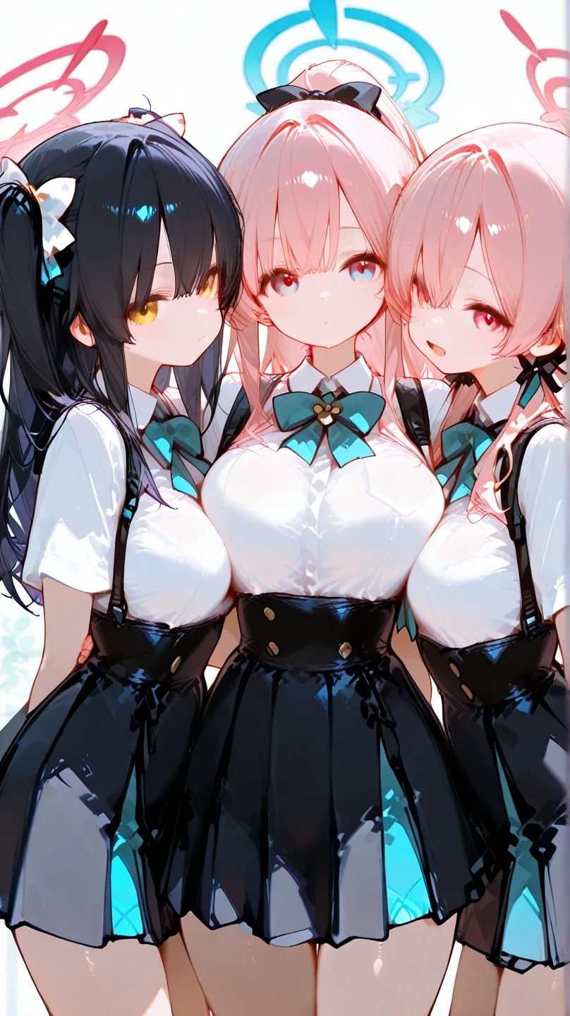 ((highest quality)), ((masterpiece)), (detailed), (Character Focus、breast focus,whole body), (three Girls:1.6), ((Girl 1, Blonde Hair、long Hair, Height 170, super very huge breasts, sexy, seductive)), ((Girl 2, Black hair、ponytail hair, Height 150, medium chest, cheerful, smile face)), ((Girl 3, blue hair、twintail hair, Height 120, flat small chest, innocent,)), wearing teacher uniform, class room, Sensual face