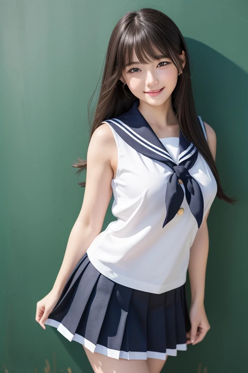(Best Quality, 8K, 32K, masutepiece, nffsw:1.2), (Raw photo), (Realistic), (Photorealistic:1.2), (High resolution), huge filesize, Ultra-detailed, Extremely beautiful face & Eyes, 1girl in, (Lori, 14 years old:1.2), Young Woman, round small face, thin waist, huge-breasted, slim proportions, (japanese sailor suits:2.0, Wearing a sailor suit:2.0, serafuku, Japanese school sailor uniform, darkblue pleated skirt:1.27), (From below, White thong, ??????:1.24、Skirt in strong winds、My panties were perfectly visible.:1.5), Rooftop of the city of dawn,