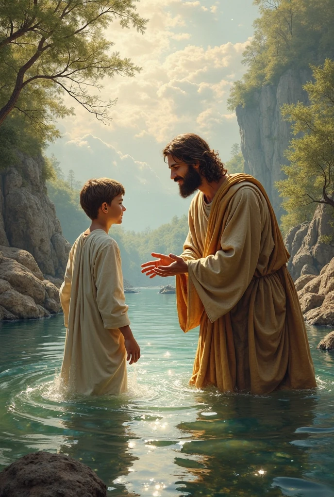 The baptism of Jesus by Saint John the Baptist The image that is like for children 