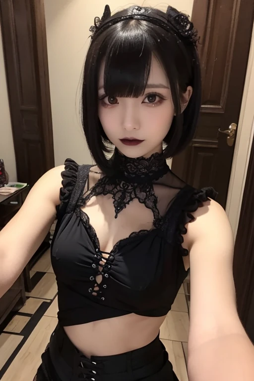 One girl Russian Flat Chest (china clothes) Small Boobs town Gravure pose Young face Firm Skin Beauty high resolution High precision Two-tone with black and blue hair Detailed skin 16 years old Red eyes Detailed face whole body smile Double teeth (Bobcut) 明るいsmile