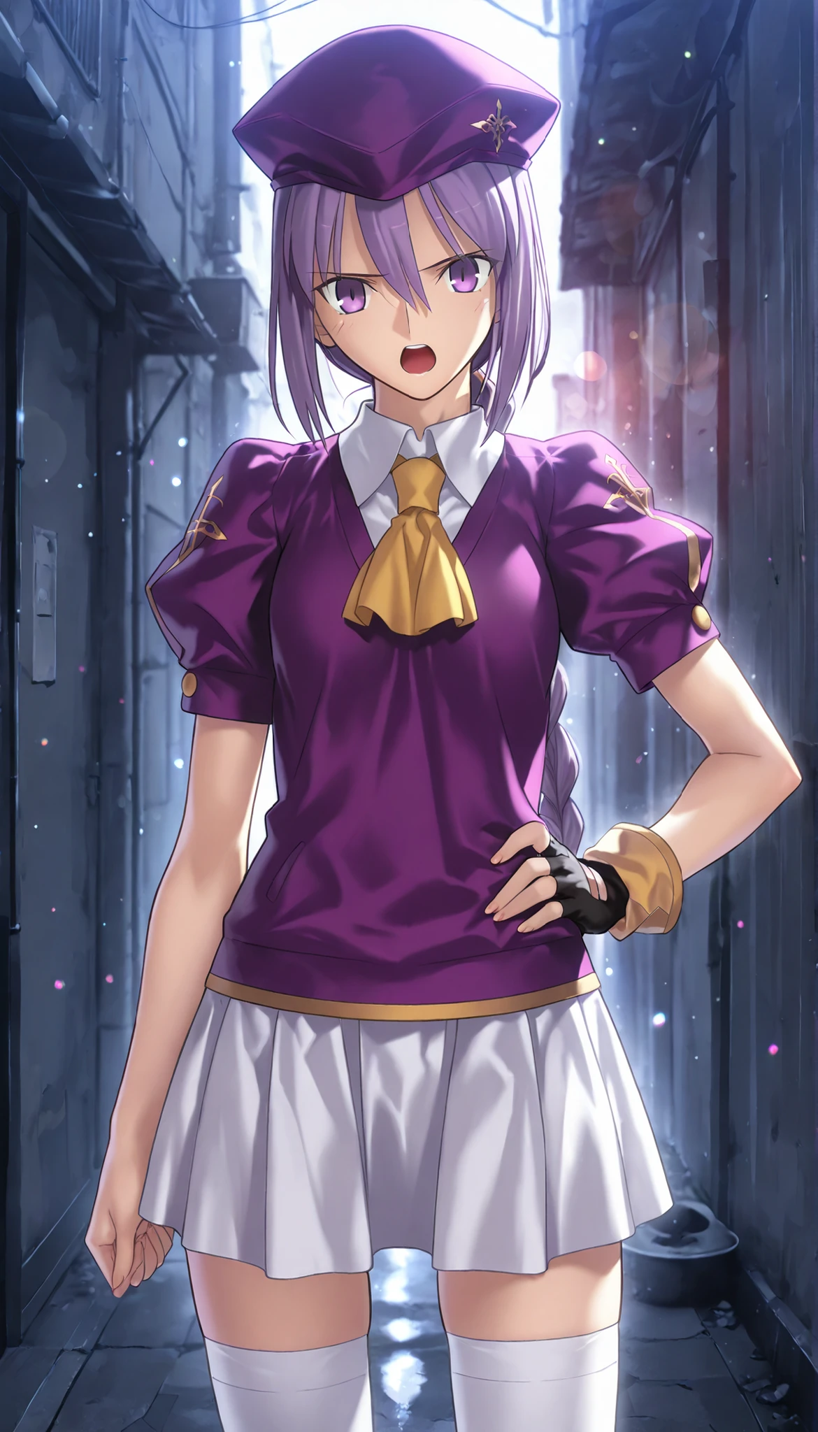 masterpiece, , absurdres, highres, detailed background, high resolution, masterpiece, necessary, detail, best quality, quality, necessary, details, High details, Precise, dark, outdoors,(colorful light particles, powder light, Alley), day lens flare, blurry background,,
1girl, Takeuchi Takashi (type-moon,tsukihime) style, takeuchi takashi style, (aged up), (hand on own hip, pointing), ,yelling out,
girl, (mature, slender body, slim arms, slim bod), (Sion) Eltnum (Atlasia) ,sion eltnam atlasia,(fate), purple hair , purple eyes, half-closed eyes, tsurime, hair between eyes ,long bang, long hair , braided hair , braided ponytail , yellow ribbon , EltnumOutfit ,small breasts, light purple sweater ,puffy short sleeves, collared undershirt , white undershirt , undershirt , yellow ascot ,(short sleeve), ,white skirt ,miniskirt , gold trim ,white thighhighs ,single glove ,fingerless glove, black glove ,dark purple beret, ,((head tilt)), looking at viewer,(small breasts), ,