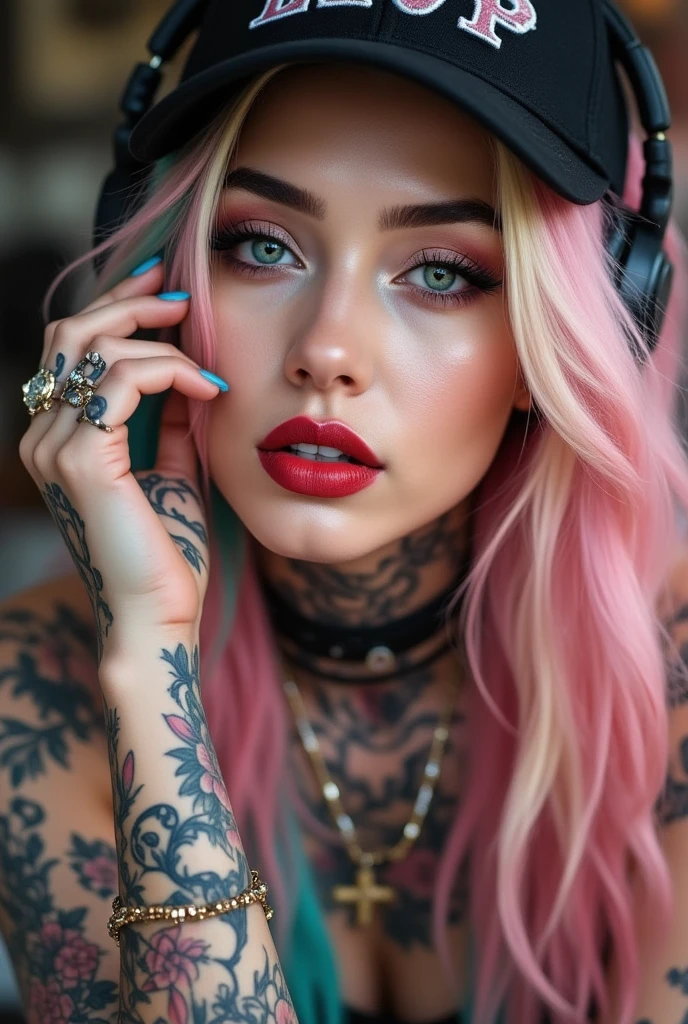 Create an image of the most stunningly gorgeous beautiful perfect young sexy girl, high detailed sexy stunning feminine face, perfect makeup, sexy seductive lips, lipstick, beautiful perfect hour glass body figure, long flowing hair, gigantic natural perky breasts, detailed silky smooth skin, nude, lace thong, hyper detailed perfect nipples, full body view, skull tattoos,