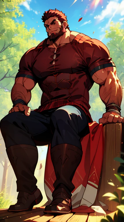 David, male, glasses, black beard, muscular, wearing flamboyant clothing, crop top, leather pants, riding boots, tribal headband, jumping off a cliff, by Hirohiko Araki, windy day, cherry blossoms blowing in the wind, wind effects, magical wind aura,