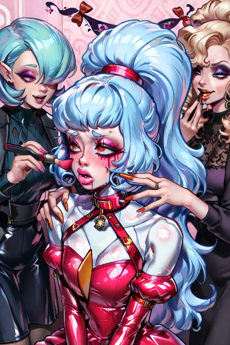 Melody from brawl stars pink hair With a red bow making an ahegao face, with bigtits and stimulating a huge penis between her breasts