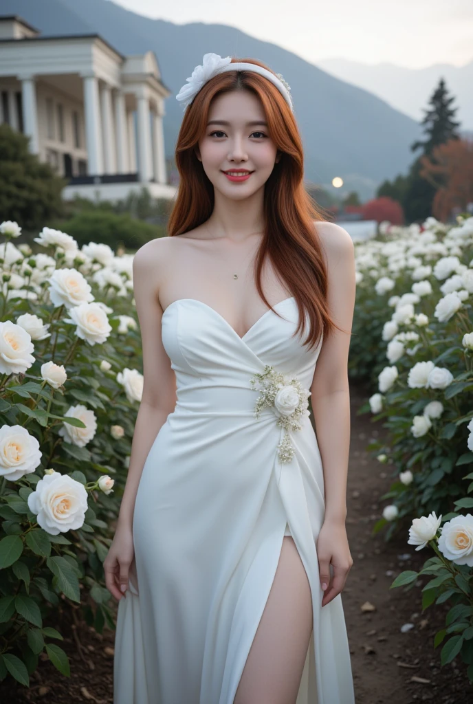 (masterpiece:1.2,highest quality),Photographed with an ultra-wide-angle lens,blur the background,1 High school girl,emphasizes the chest,(medium breasts),Cute  ,red hair,detailed and beautiful eyes,blushing face,healthy skin,looking at the viewer,smile,(resort scenery),8K resolution, Wedding dress