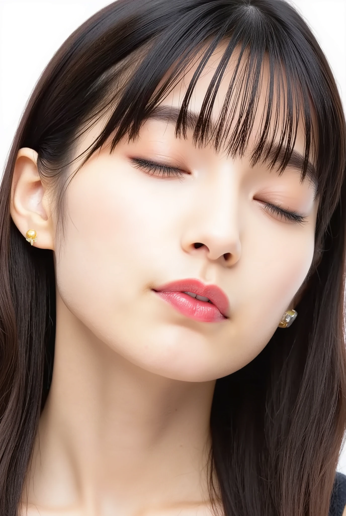 beautiful young woman, eyes closed, euphoric smile, extremely puckered lips, lips pushed far forward, tight kissy mouth, lips forming a sharp O-shape, exaggerated kiss face, heart-shaped lips, ultra glossy pink lips, flushed cheeks, ears blushing, black camisole, collarbone visible, close-up, upper-front angle, full head in frame, soft studio lighting, lips extremely pursed, lips protruding, high gloss on lips, moist lips, lip focus, plump lips, smooth skin with soft texture, faint peach fuzz, skin pores subtly visible, intense affectionate mood, face slightly tilted back