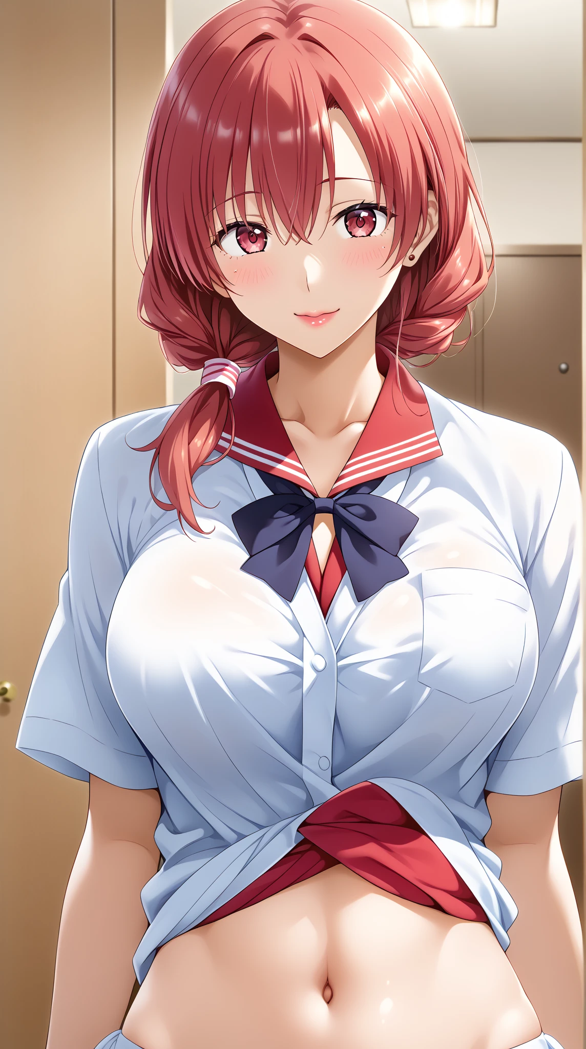 (in the dark:1.6) , Soak in hot tub, school girl Soak in an dark bathroom hot tub , red knot , red bow , white Shirt , big breasts , big tits
