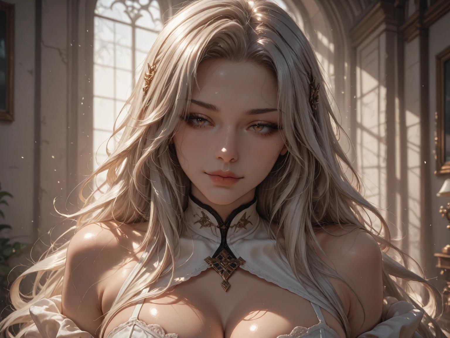 a beautiful young woman with long flowing silver white hair, extremely detailed face and eyes, small delicate breasts, looking directly at the viewer, intricate detailed portrait, oil painting, cinematic lighting, dramatic shadows, warm color palette, highly detailed, 8k, photorealistic, masterpiece