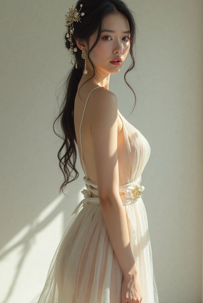 (((best quality))),(((ultra detailed))),(((masterpiece))),illustration,1girl, solo,princess, Arabic,slim,thin, ((palace, desert)), gold, gemstones,headscarf, veil on face,white sheer traditional clothing, hairband, deep eyes, elegant face, subtle smile,earrings,necklace, sunlight, shining, serene, environment,day scene,out door,standing,((upper body,from back)),((bare back,towering hips,butt crack))