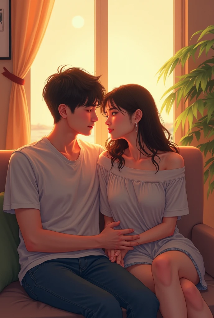 (photorealism:1.2), beautiful asian woman with handsome asian man with longhaired wearing pajama , sitting on bed, wearing loose off-shoulder top, pajama pants, long hair, indoors, soft lighting, plants in background, window with sunlight, cozy room, relaxed pose, realistic, intricate details, warm colors, by Greg Rutkowski, by Alphonse Mucha