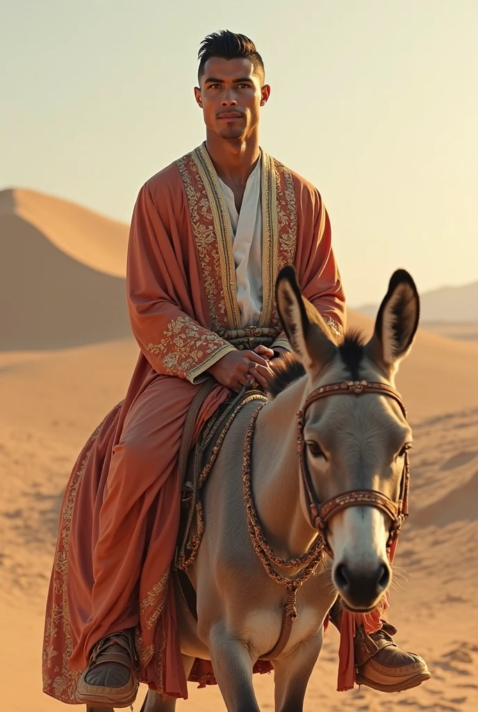 Young handsome cute white skin soft skinny beautiful face shirtless In the Arena decert dressed in golden Arab clothes on a camel