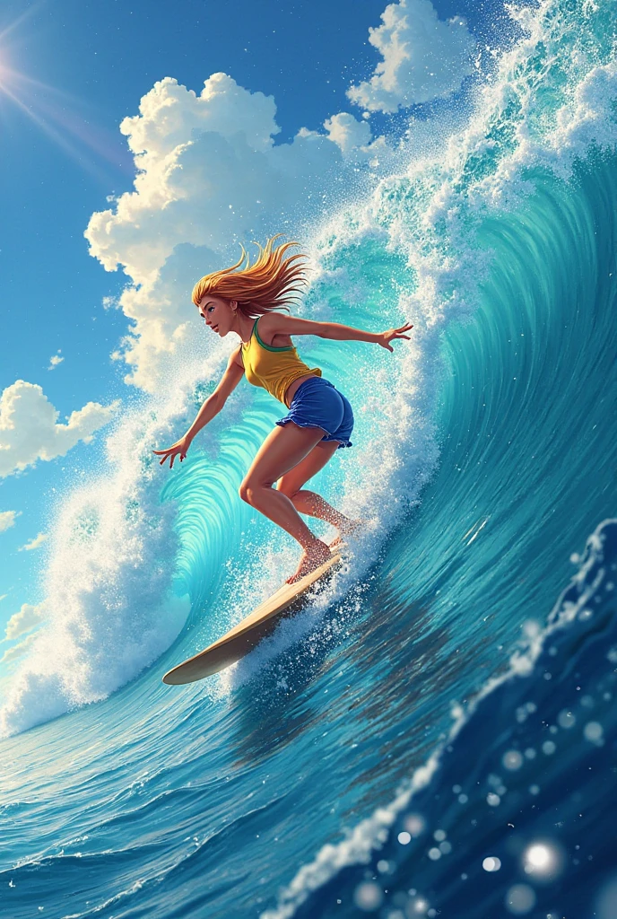 a dynamic sports photography scene, 1girl, cute girl surfing, powerful surfing scene, big wave, beautiful riding pose, stunning surfing riding, detailed cute face and eyes, (best quality,4k,8k,highres,masterpiece:1.2),ultra-detailed,(realistic,photorealistic,photo-realistic:1.37),HDR,studio lighting,vivid colors,wet skin, big wave, Splashing waves, prism effect, bokeh,photography