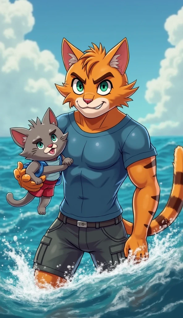 The image you provided shows two anthropomorphic cats at the beach. One is an extremely muscular adult cat, wearing blue swim trunks, and the other is a small, adorable kitten wearing a blue dress. They are building an intricate sandcastle together. The muscular cat has a friendly expression, while the kitten appears happy and engaged in the activity. The background includes a clear sky with a few clouds and a calm ocean.
