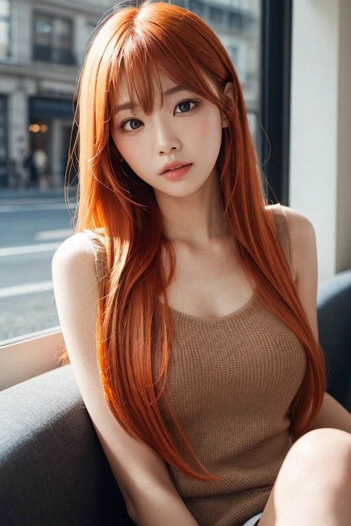  Korean woman with long red hair smiling, Cat's ears, face photo, Inside the house