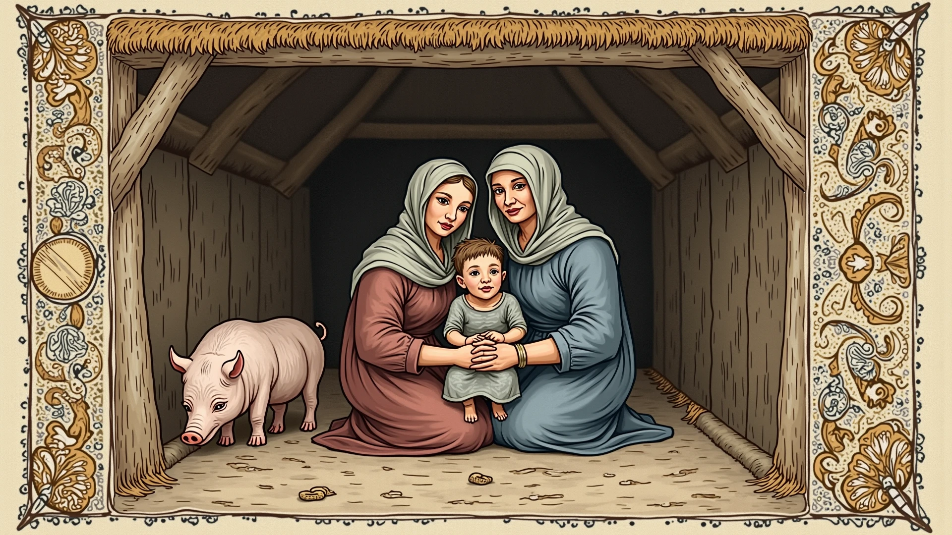 Parents and baby wearing Muslim clothing riding a sheep. With an aqiqah nuance. Shades of green. Background transparan. The sheep is standing on a circle of grass and there is soil underneath it.
